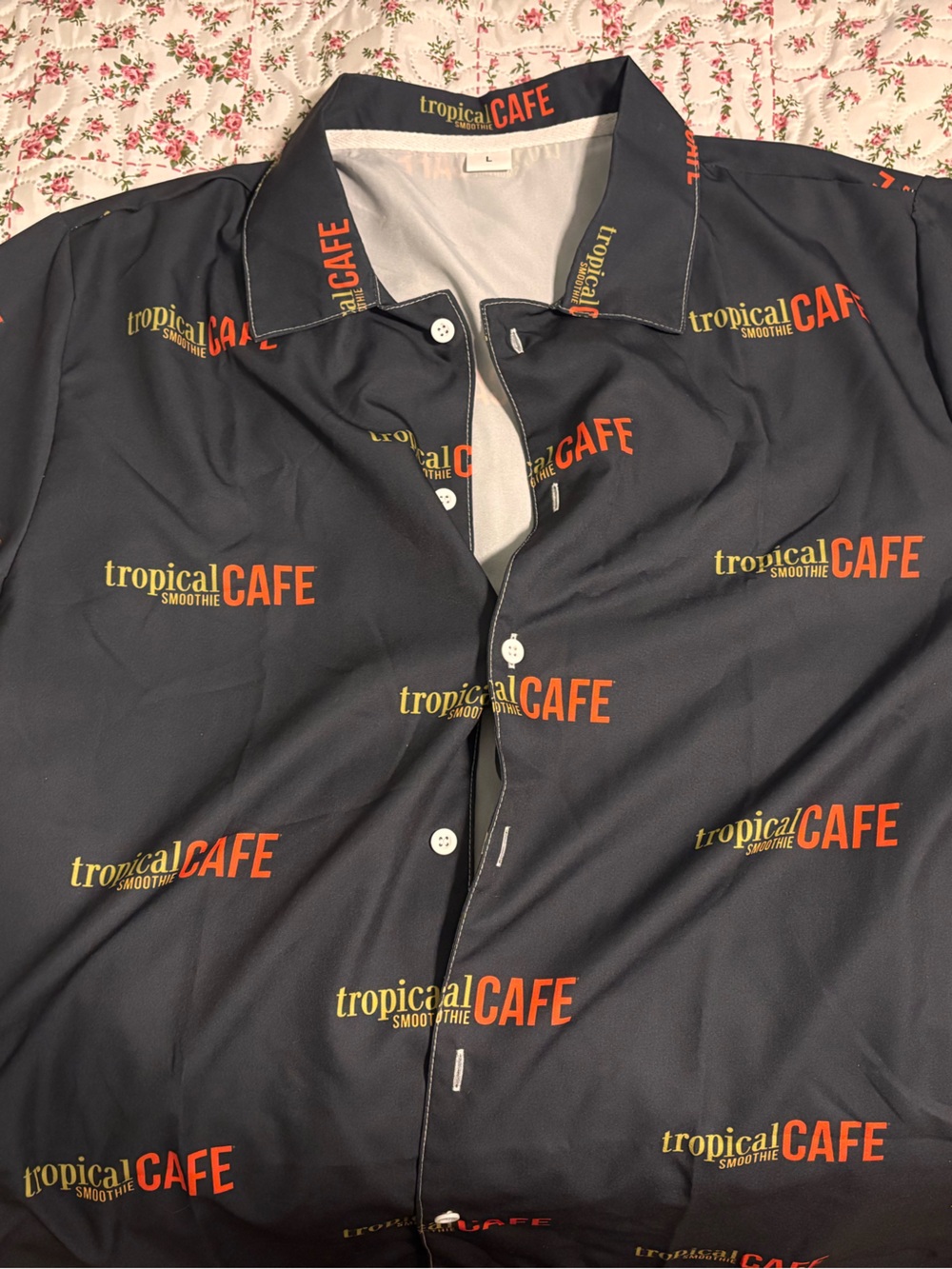 Tropical CAFE Logo Button-Up Shirt — Black with Red & Yellow Print